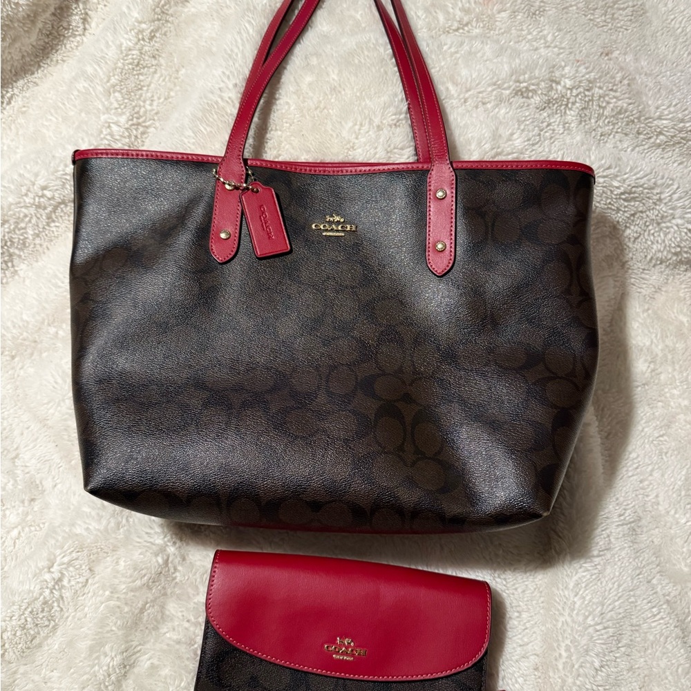 Coach Brown and Red Signature Tote and Clutch